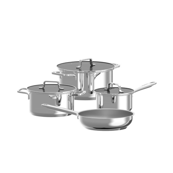 BergHOFF Σετ 4 τεμ. Κατσαρόλες με γυάλινο καπάκι 16cm/20cm/24cm & τηγάνι 24εκ. από ανοξείδωτο ατσάλι σειρά Helix DiNa